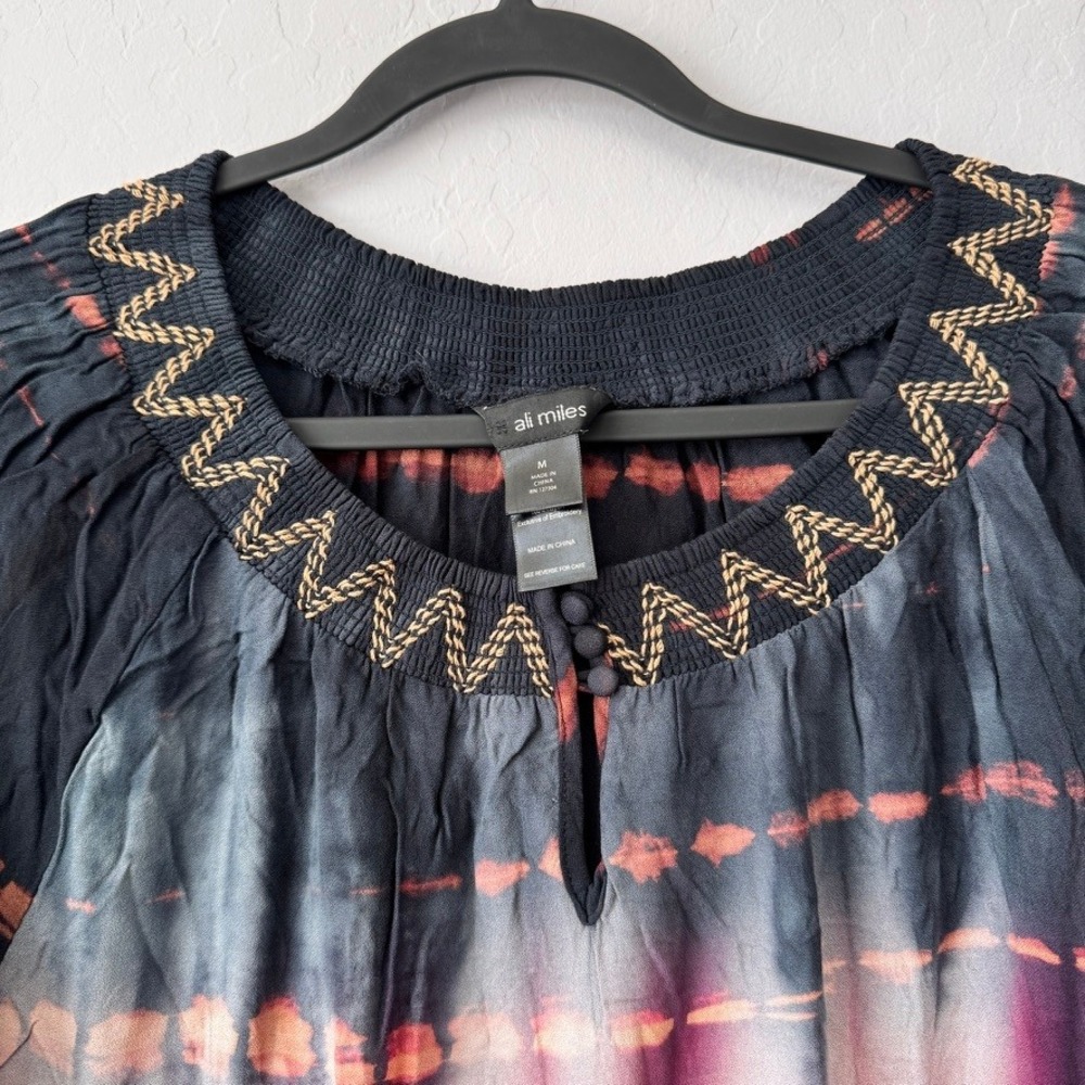 Ali Miles M Tunic Top Black Magenta Tie Dye Long Sleeve Embroidered Boho Blouse - Picture 3 of 6